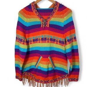 Handmade Peruvian Alpaca Rainbow Llama Hoodie Sweater Fringe Small
